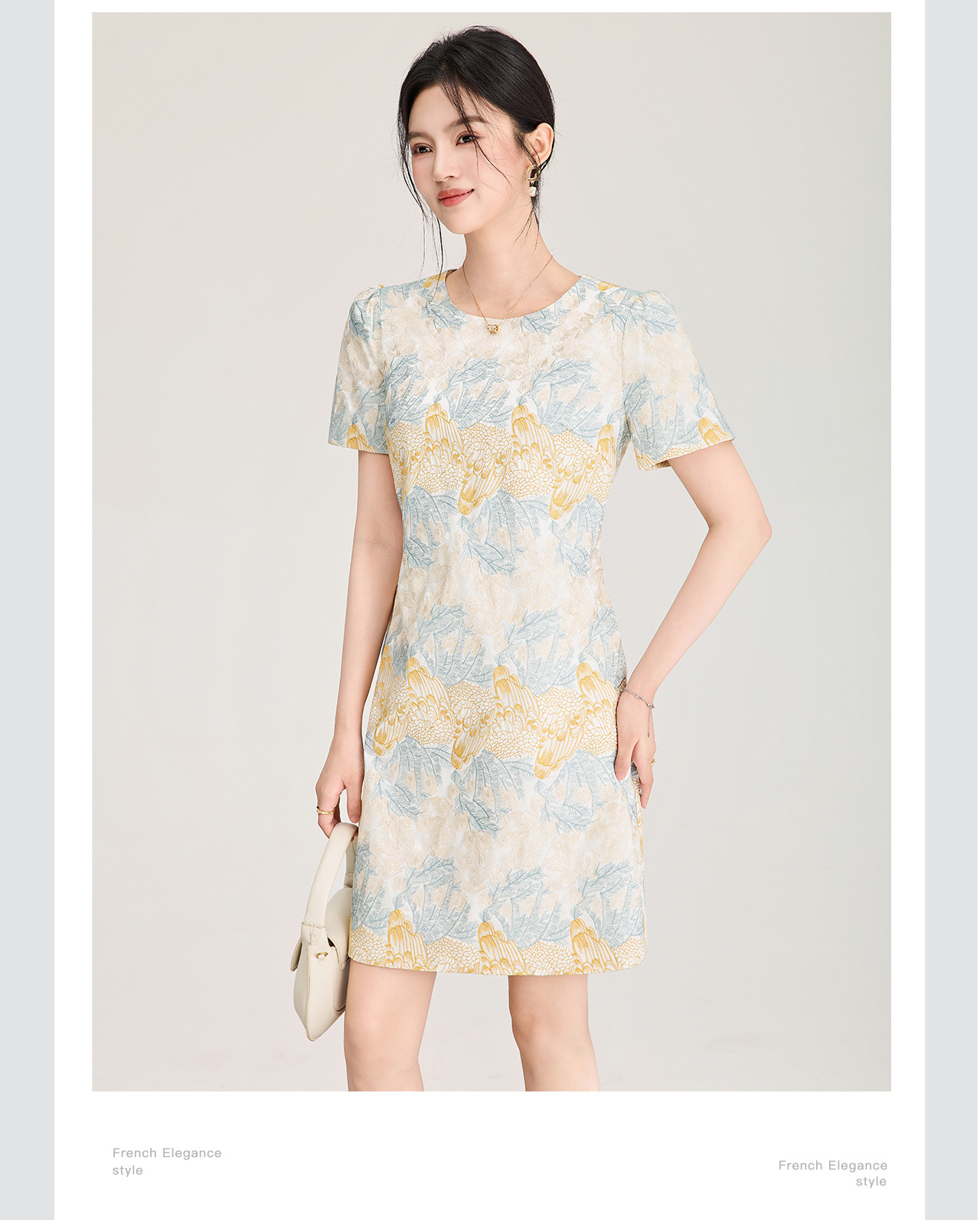 Đầm suông nữ midi dệt satin thêu jacquard tay ngắn — xanh lam chi tiết 8