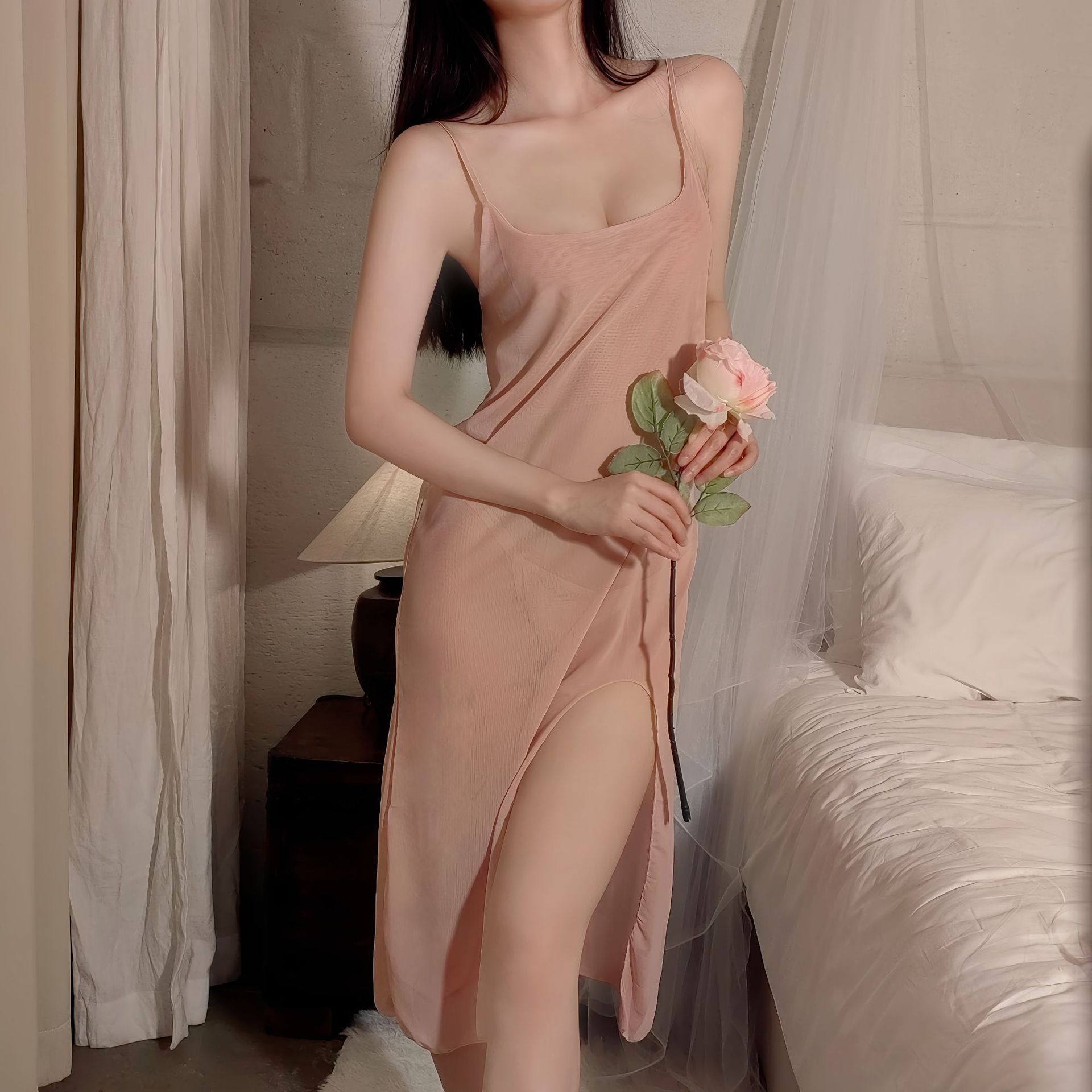 Sexy Mesh Suspender Skirt, Sexy Intimates, See-Through Temptation Slit Long Skirt, Passionate Temptation, Cute Pajamas Set for Women