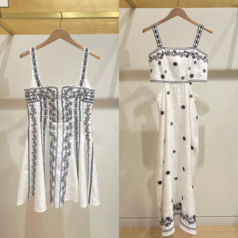 French Single Niche 2025 Early Autumn Stereo Cutting Embroider Small Flower Linen Skirt Exposed Waist Suspender Dress 25549