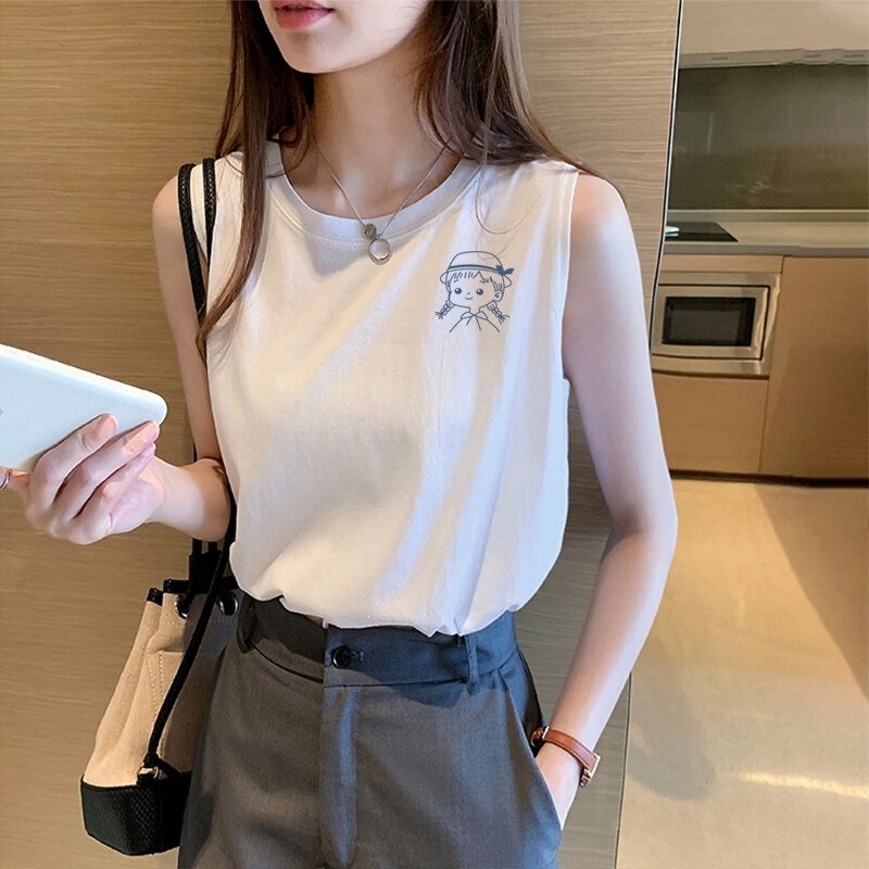 Pure cotton white camisole top, women's tank top, inner layer, summer new style, plus size, loose fit, sleeveless t-shirt with print Pure cotton white camisole top, women's tank top, inner layer, summer new style, plus size, loose fit, sleeveless t-shirt with print
