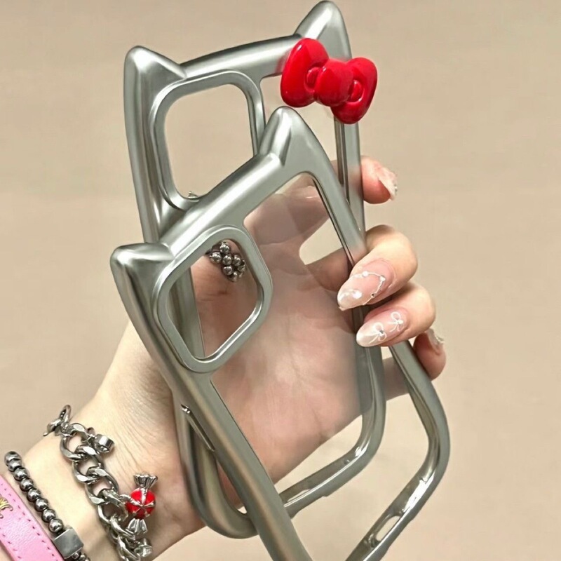 Electroplated silver cat ear apple 16/15/14/13promax phone case 12/11 soft xr/xs electroplated silver frame 8p