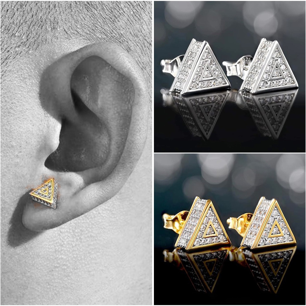European and American popular triangle hip hop earrings men's color separation electroplated full zircon earrings cross-border hot fashion earrings