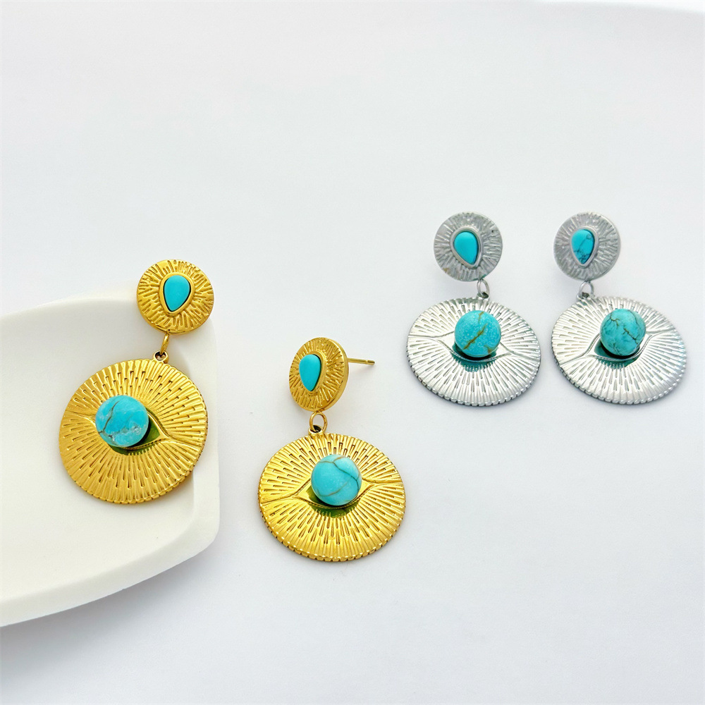 1 Pair Geometric Retro Classic Style 304 Stainless Steel December Birthstone Turquoise Drop Earrings display picture 1