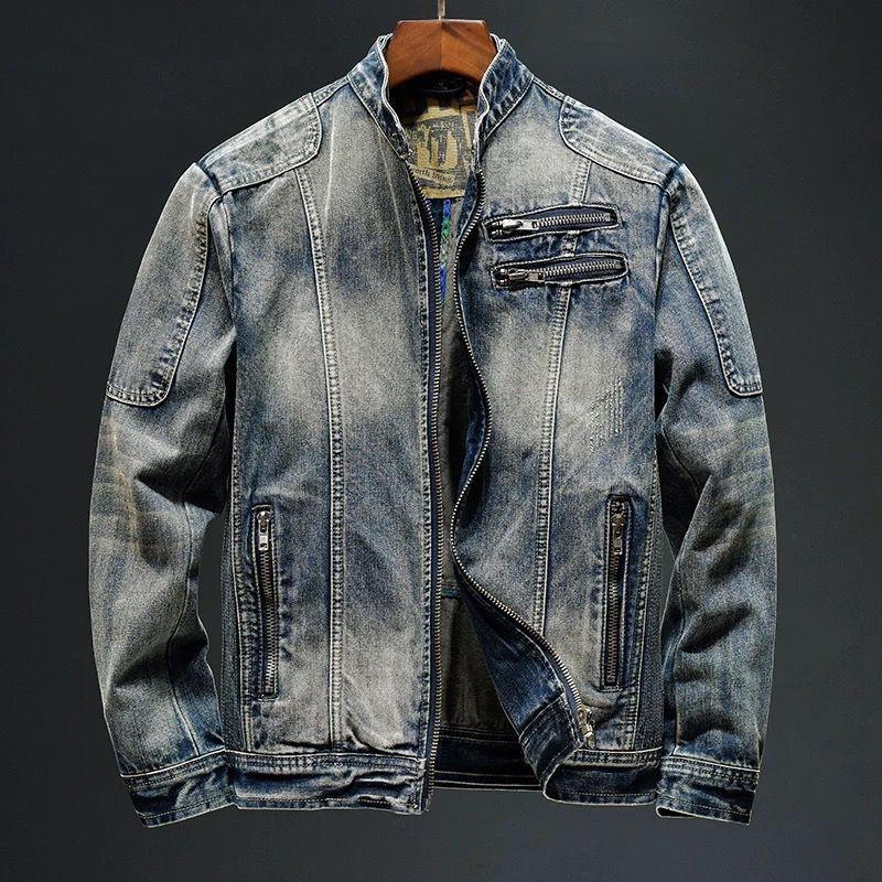 Light Luxury Motorcycle Denim Jacket Men's Vertical Collar Heavy Industry Zipper Jacket Spring and Autumn New Retro Trendy Brand European Jacket