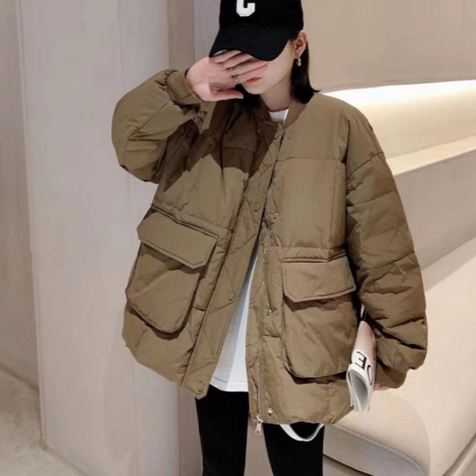 欧货大码大口袋羽绒服女新款韩版宽松立领羽绒服棒球服外套面包服