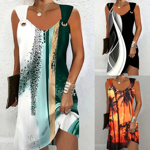 American and European Women's Fashion 2025 Summer Sleeveless Round Neck Retro Print Waist Cinching Dress