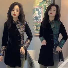 民族复古盘扣金丝绒时尚长衫新款修身拼接盘口开叉旗袍上衣女