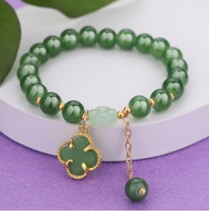 S079-Pulsera de cuentas de jade Donglin con trébol de cuatro hojas verde#tamaño 356