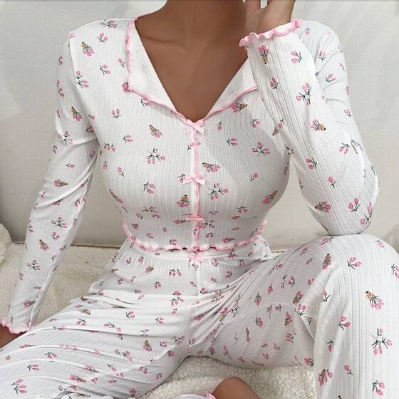 Europe and the United States cross-border hot-selling home clothing bow lapel curling long sleeve pajamas women can wear pants two-piece suit