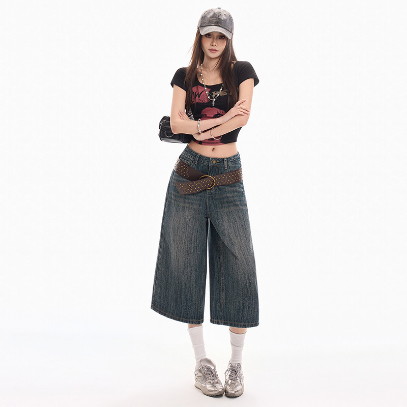 Retro American-Style Cropped Jeans for Women, Spring and Summer, Loose Fit, Versatile, Casual, Washed, Wide-Leg, Straight-Cut, Cropped Pants Retro American-Style Cropped Jeans for Women, Spring and Summer, Loose Fit, Versatile, Casual, Washed, Wide-Leg, Straight-Cut, Cropped Pants
