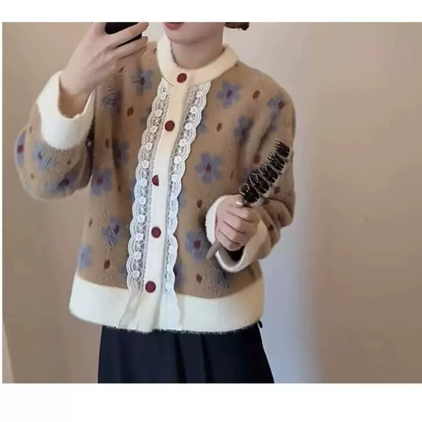 法式小香风碎花短款针织开衫女秋冬2025新款高级感超好看气质上衣