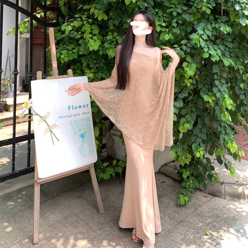 Sexy Black Lace Splicing V Neck Long-Sleeved Dress for Women Autum New Elegant Waist Slimming Look A-Line Skirt Long Skirt