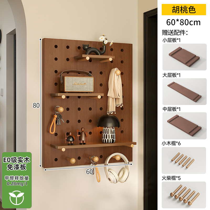 Hoyo de madera de color nuez hoyo tablero estante de madera sólida pared de modelado puerta de entrada de la casa pared detrás de la decoración estante de exhibición