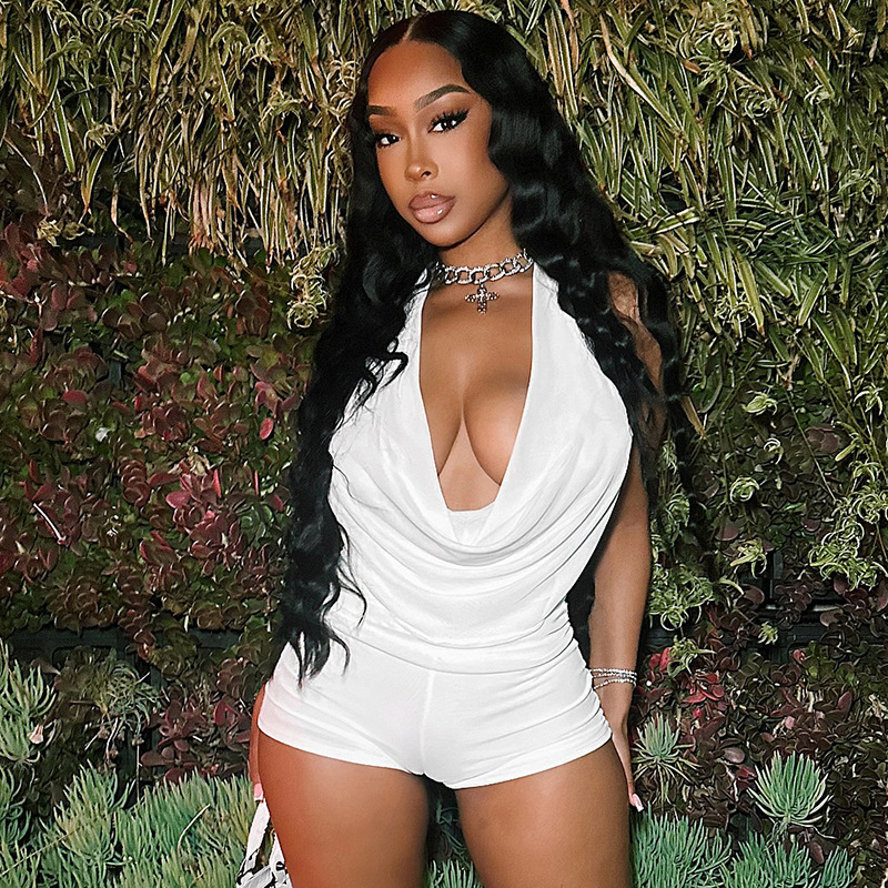 Transfronterizo Europa y América 2025 verano nuevo estilo sexy cuello ondulado cuello halter cuerda sin espalda top pantalones cortos traje de dos piezas mujer