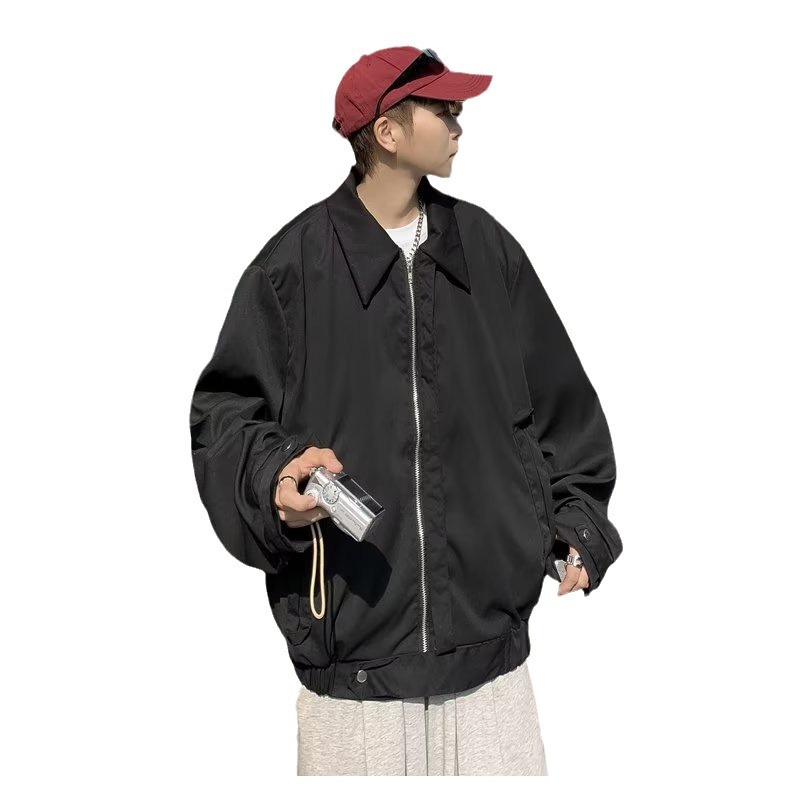 Chaqueta de trabajo retro de calle suelta con cuello alto japonés para hombre, chaqueta superior con cremallera de diseño chic de primavera y otoño