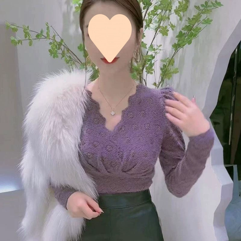 [2025 春季新款洋气小衫紫色内搭蕾丝衫女V领高级感打底衫内穿上衣]