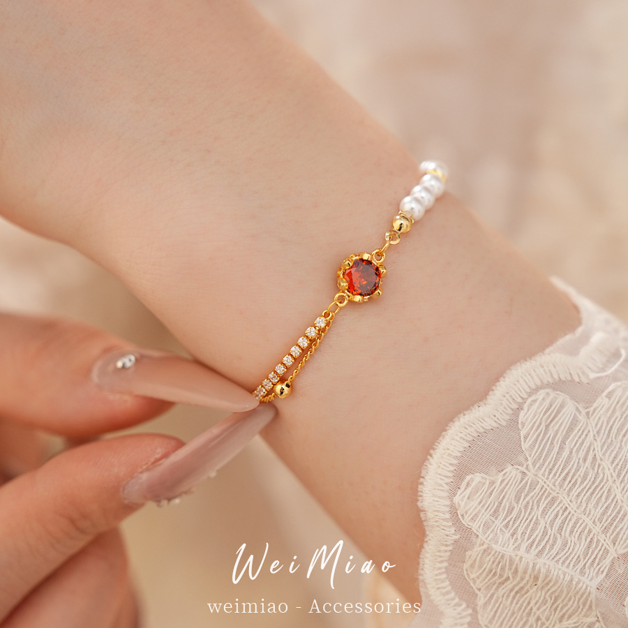 18k oro real electrolito piedra de diamante cuentas pulsera de perlas redonda ligera pulsera de nicho de lujo exquisita personalidad joyería de pulsera