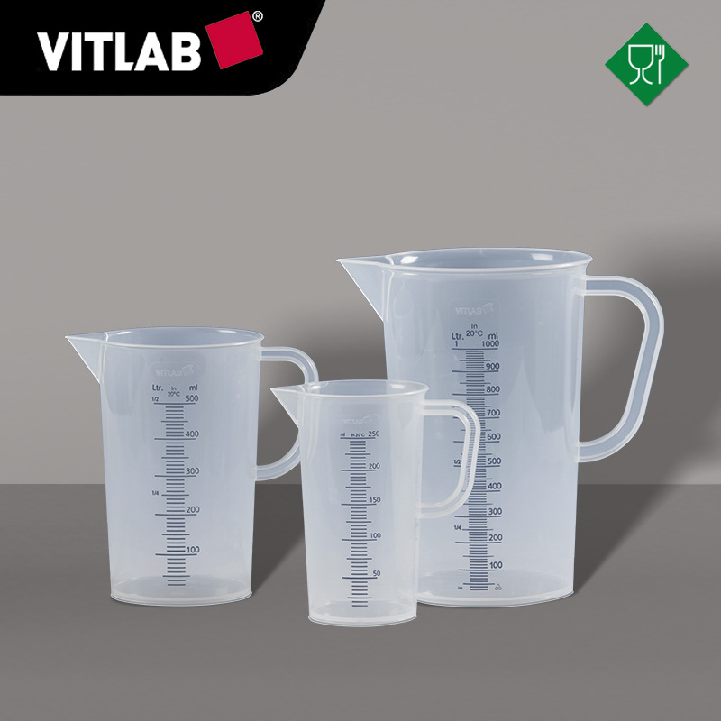 德国VITLAB有柄刻度量杯PP材质蓝色模压刻度带把手烧杯