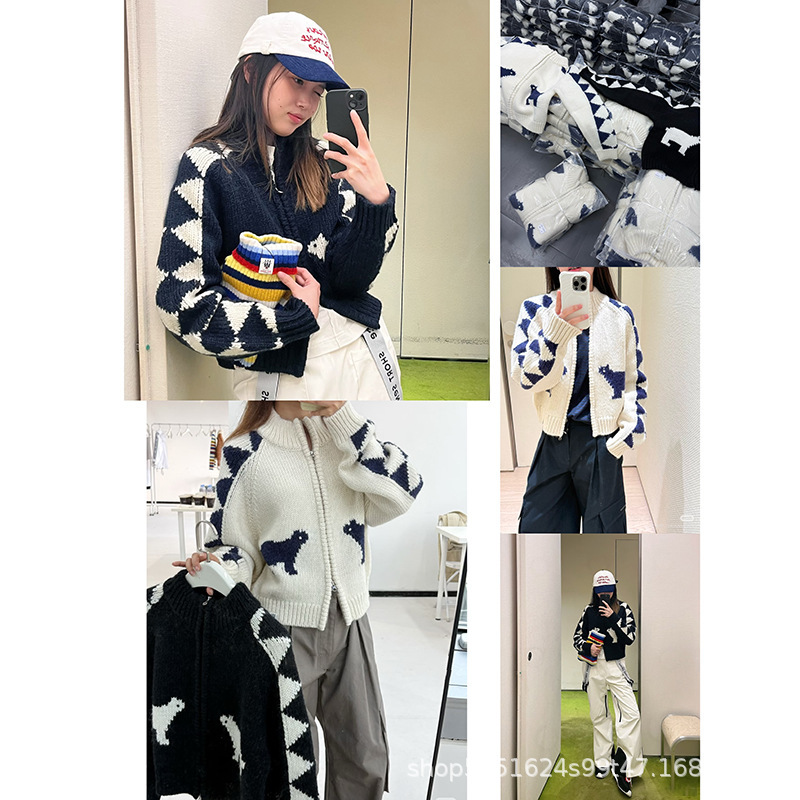 Ready to Ship! 25 Autumn and Winter New Polar Bear Crocheted Lazy Style Knitted Cardigan Tops for Women