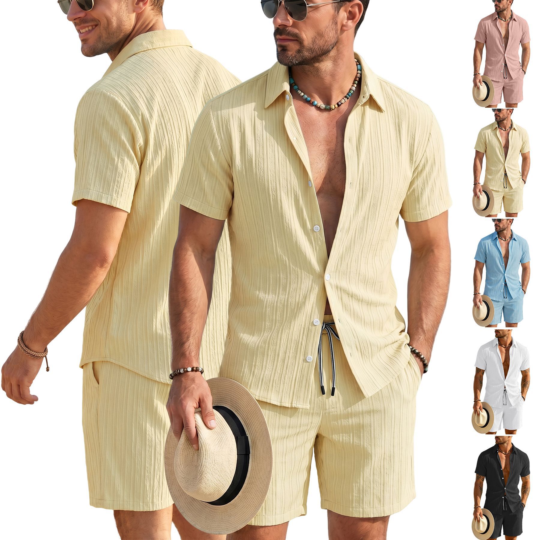 Europa y América transfronterizos verano nuevo hombre camisa de manga corta con solapa de color sólido Cardigan de negocios casual manga corta pantalones cortos