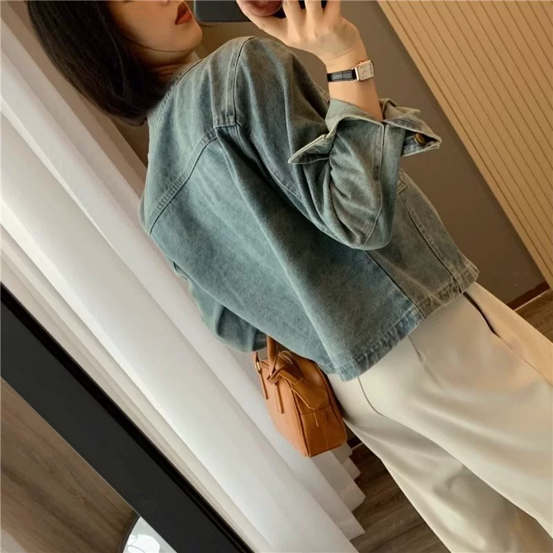 Short denim summer thin retro jacket with a round collar, Korean style