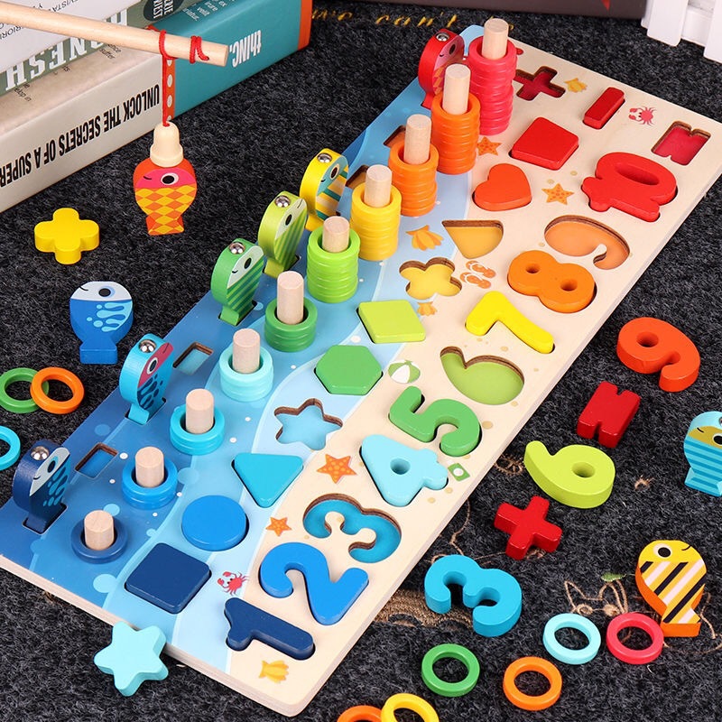 益智多功能数字字母对数板积木儿童早教益智形状认知配对钓鱼玩具