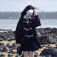 新款连帽秋冬牛角扣中长款宽松毛呢大衣日系学院风百搭jk制服外套