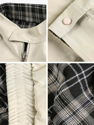 Double-sided retro checked Harrington work jacket autumn fashion brand loose stand-collar American silhouette coat q