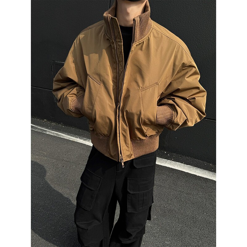 Brown Short Stand Collar Thickened down Jacket Men's Winter American Bomber Jacket Thickened Silhouette Baseball Jacket