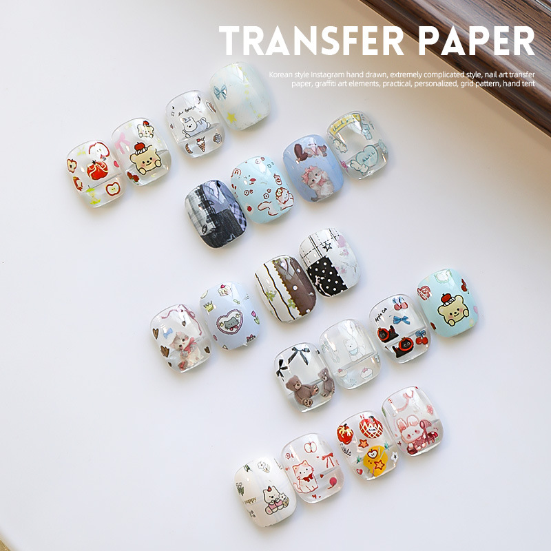 Red de celebridades de la red nueva manicura amor mascota papel de transferencia pegatinas de cielo estrellado lindo pintado a mano dibujos animados gatito papel al por mayor