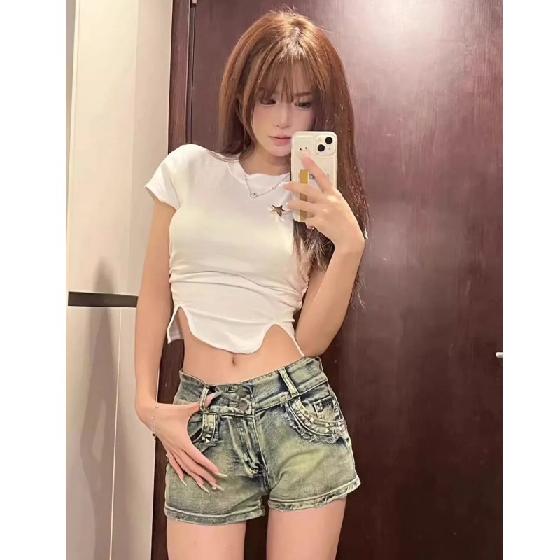 LC801特价！美式辣妹柳丁低腰牛仔超短裤女夏季修身显瘦包臀阔腿
