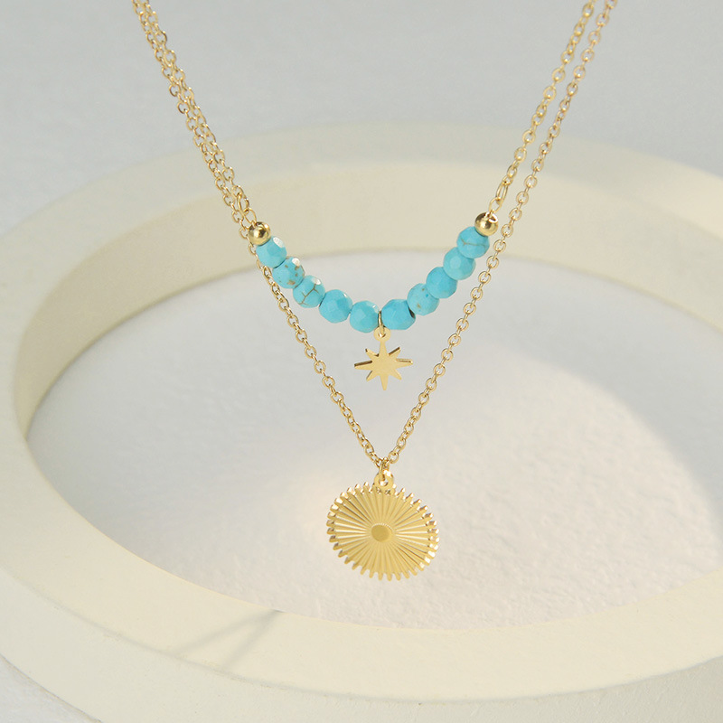 Europe And America Cross Border Ins Style 14k Gold Double-layer Light Turquoise Necklace Women's Stainless Ornament Wholesale display picture 5