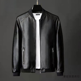 Men's Leather Jacket Spring and Autumn New Fashionable High-end Sense Casual All-match plus size Baseball Collar fleece-lined Leather Jacket for Men