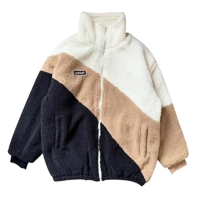 Abrigo de lana de cordero para hombre Otoño e Invierno estilo de Hong Kong ins moda todo partido volantes sueltos hermoso contraste color collar casual abrigo de algodón acolchado