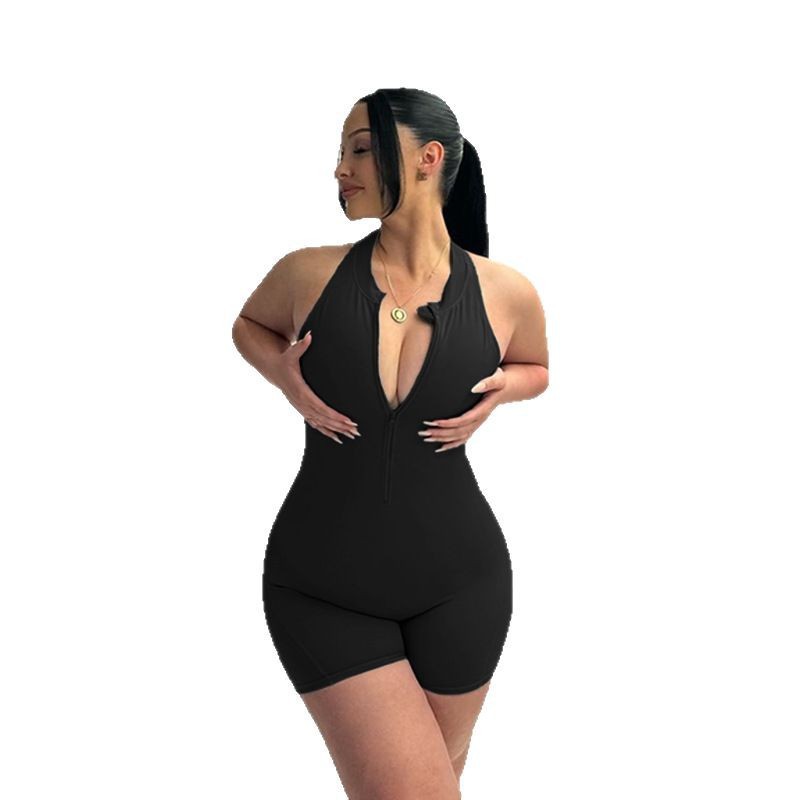 YL25070 Pantalones cortos de una pieza de secado rápido europeos y americanos para mujer, pantalones de yoga con cremallera ajustada hueca chica caliente