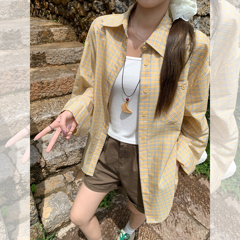 实拍 长袖格子衬衫女秋季新款设计感韩系宽松衬衣外套气质上衣|undefined