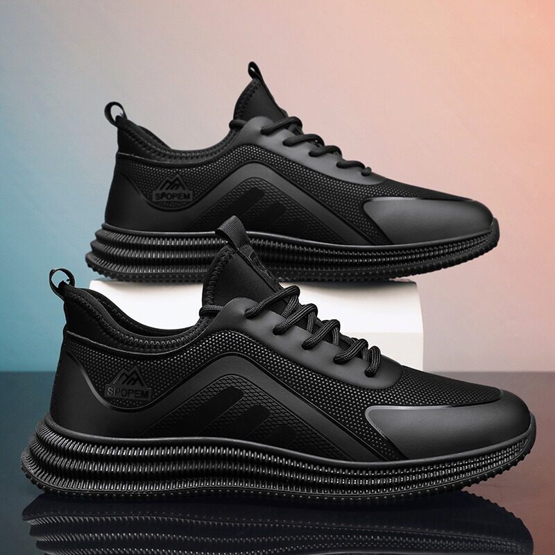 Giày thể thao nam đế dày kiểu sneaker thời trang, đế mềm chạy bộ nhẹ dễ phối đồ — Màu đỏ đen, Toàn màu đen, Đen trắng