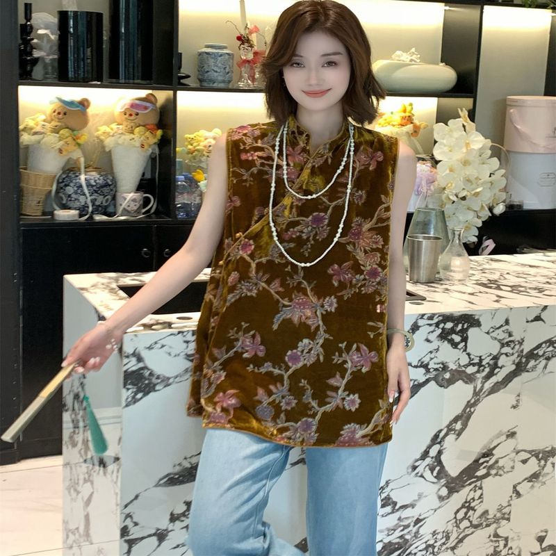 新中式国风女装绿色提花无袖盘扣衬衫上衣2025新款夏季巨好看小衫|undefined