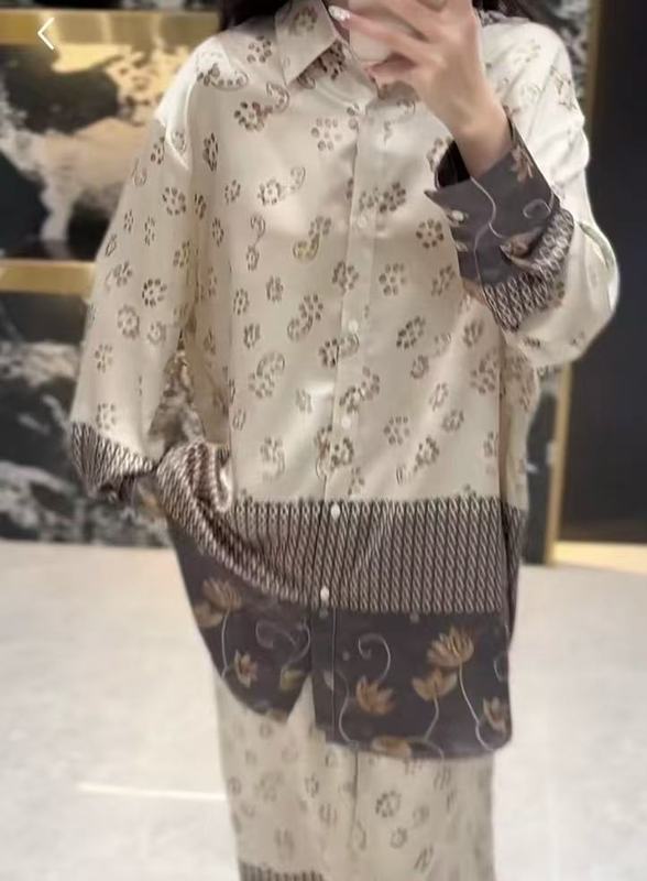 法式小众25早秋新品复古波西米亚风撞色印花宽松翻领长款百搭衬衫|undefined