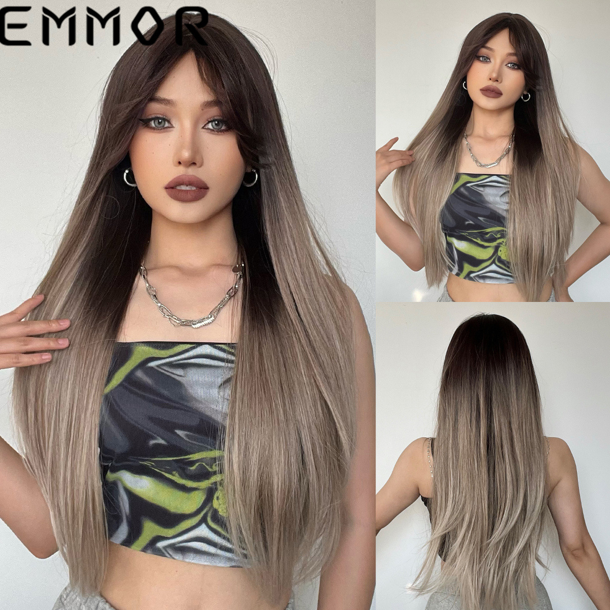 Comercio exterior transfronterizo gradiente de Venta caliente oro blanco de ocho caracteres Bangs pelo cola rizado Pelo Largo europeo y americano peluca fibra química sombrero