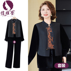 新中式妈妈秋装假两件小衫套装中老年女装新中式上衣大码两件套装