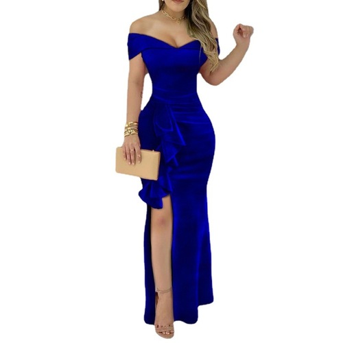 Royal blue velvet boat neck evening dress singers host performance model show long skirts sexy v-neck dress  female temperament