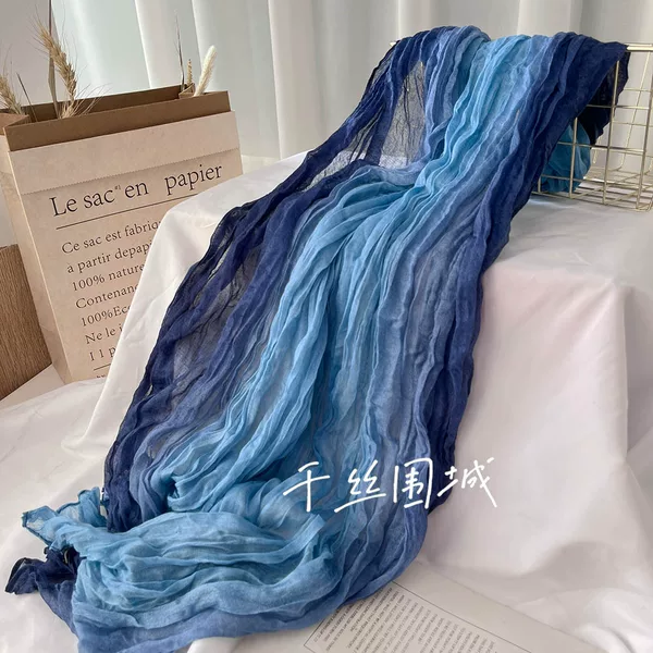 New scarf cotton and linen feel gradient blue autumn and winter scarf retro versatile printed women's long pleated shawl