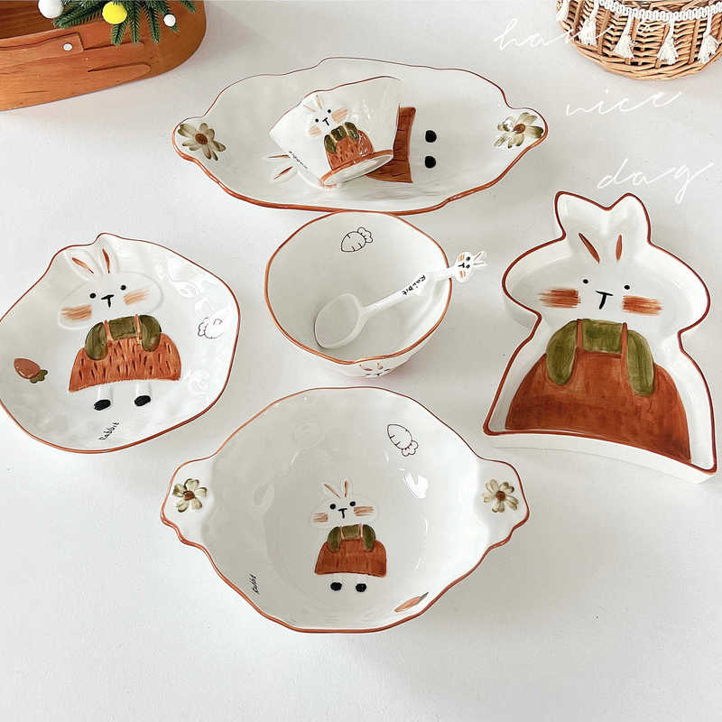 Cartoon Kidsren's Tableware Ceramic 2025 New Bowl Plate Household High-Looking Cute Rice Bowl Dinner Plate Underglaze Color