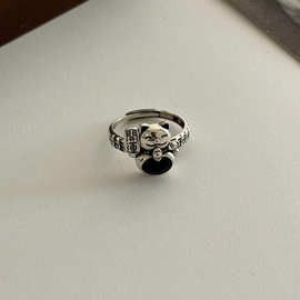 s925纯银黑玛瑙招财猫戒指女小众设计感复古个性时尚轻奢潮食指戒
