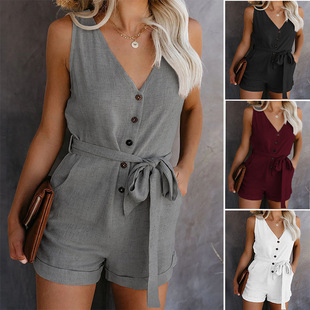 2025 Amazon European and American Solid Color Jumpsuit Women's Summer New V-neck Bow Women's Five-piece Shorts