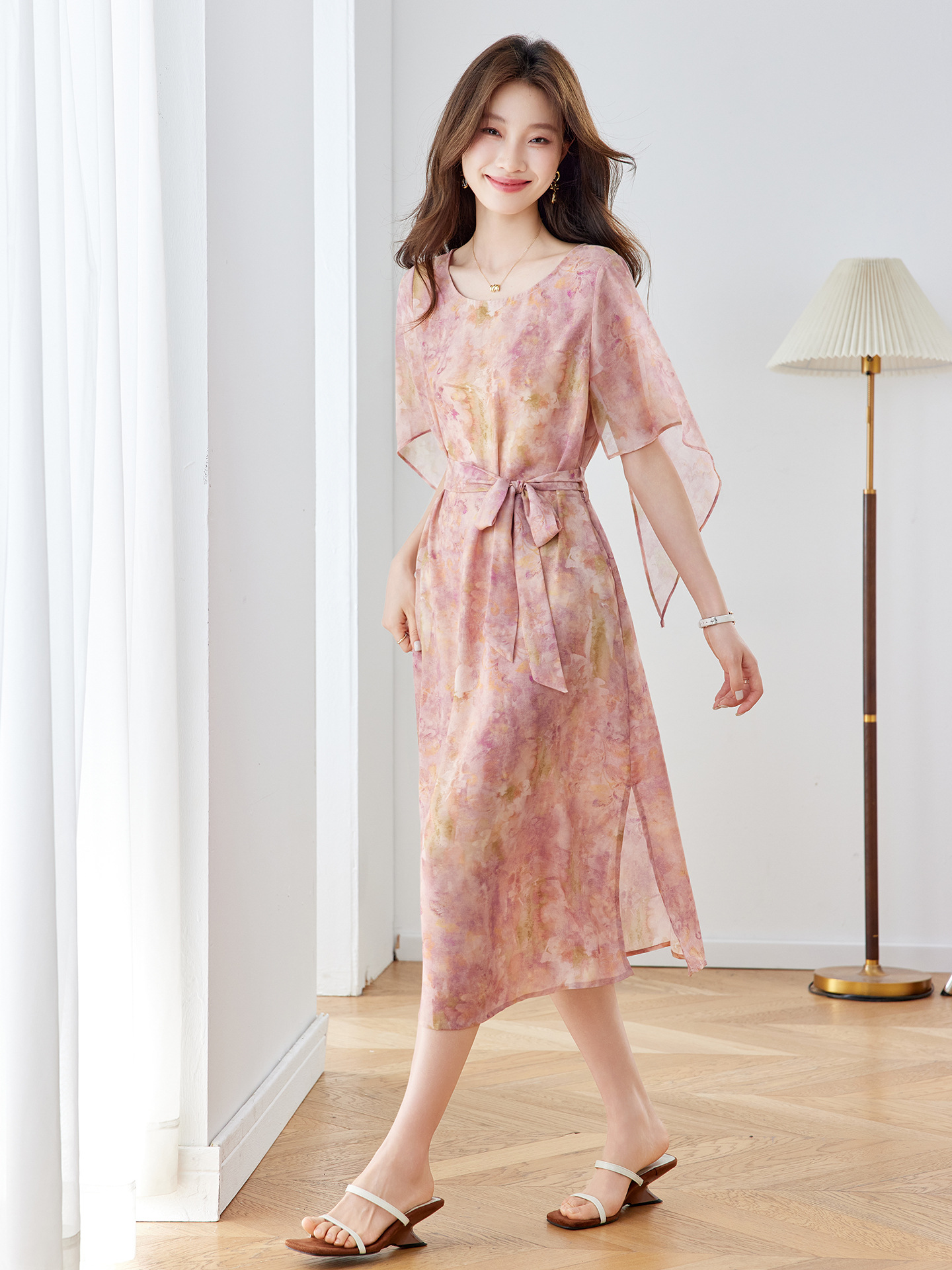 Đầm maxi nữ thắt eo in họa tiết hoa tay ngắn dáng suông che khuyết điểm — xanh lam, Màu hồng