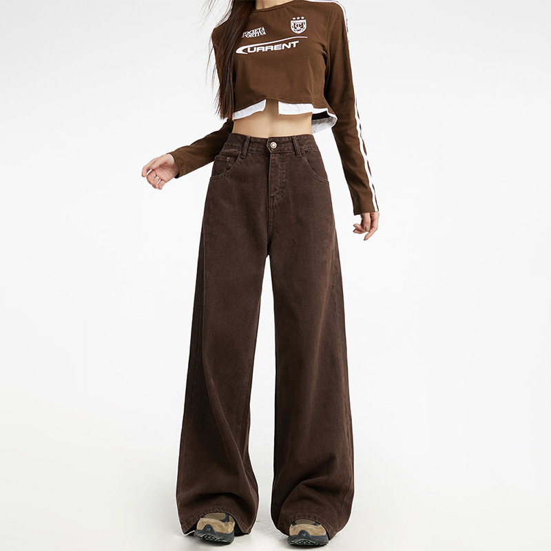 Brown Wide-Leg Jeans for Women, Autumn and Winter, High-Waisted, Plus-Size, Loose Straight-Leg, Drapey, Floor-Length Pants