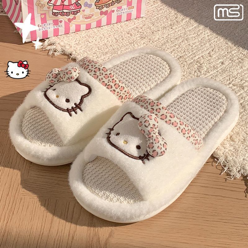 hello kitty 고양이 만화 귀여운 사계절 리넨 슬리퍼 여성 자택 실내 통기 미끄