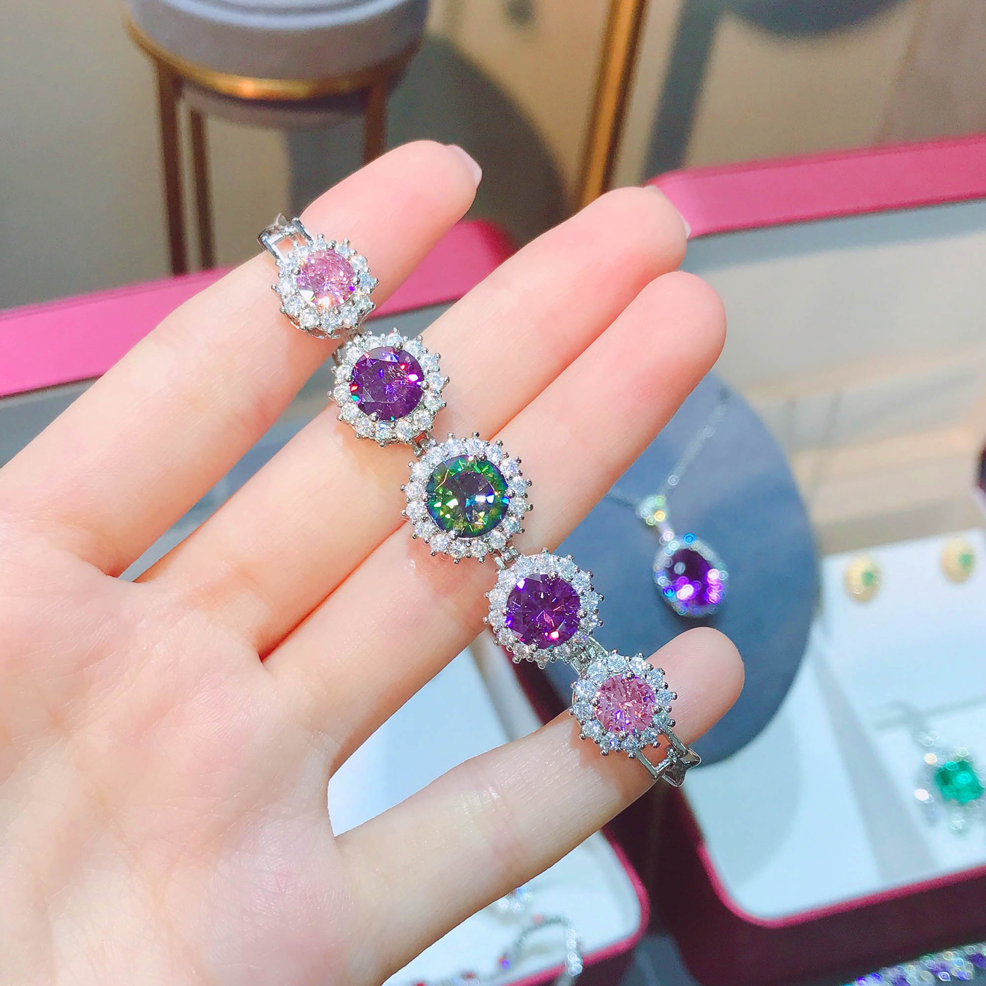 Fashion Eight Hearts Eight Arrows Carat Pink Zircon Amethyst Colorful Tourmaline Copper Bracelet display picture 1